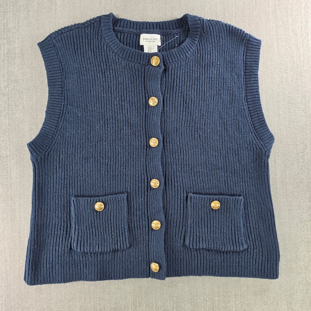 Song of Style Sweater Vest Women XL Navy Blue Gold Button Ribbed Knit ST23263-V2